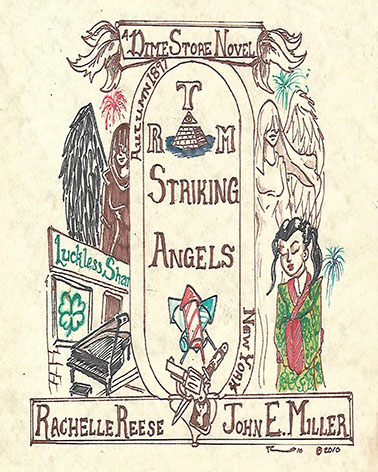 Cover art for Striking Angels. It depicts a dark angel and a light angle, a Chinese girl, a piano, fireworks, and the Luckless Shamrock.