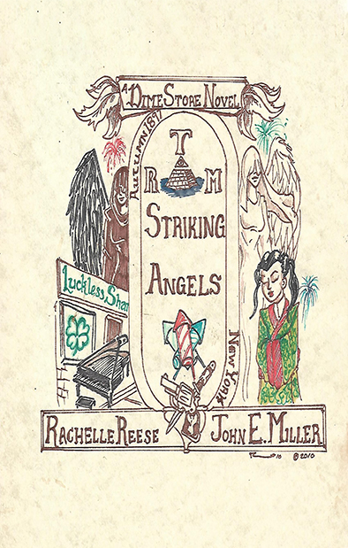 Cover art for Striking Angels depicts two angels, the Luckless Shamrock tavern, Sue-Li Chong, fireworks, a knife, and a gun.